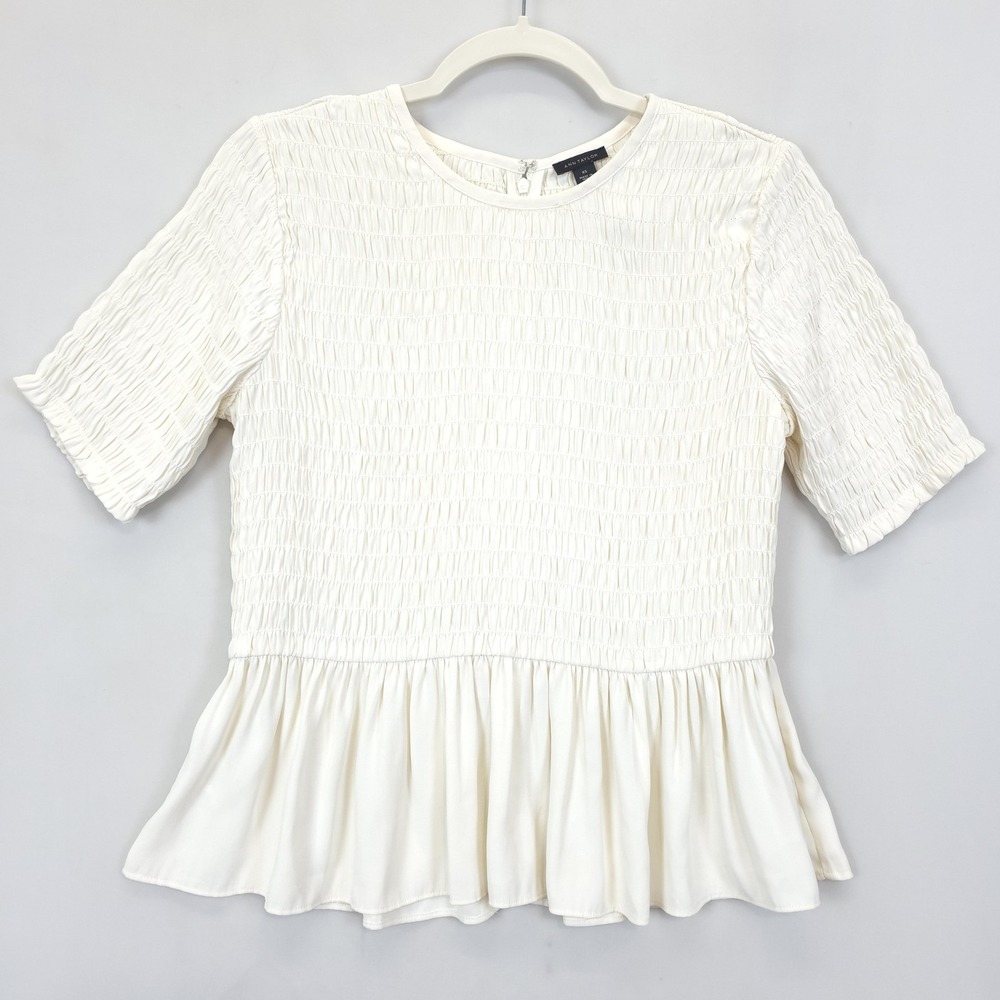 Ann Taylor Peplum Blouse Women XS White Smocked Short Sleeve Elegant Feminine